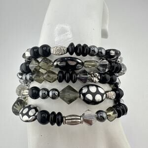 6.75” Silver Tone Black Gray Clear Glass Beaded Memory Wire Wrap Bracelet